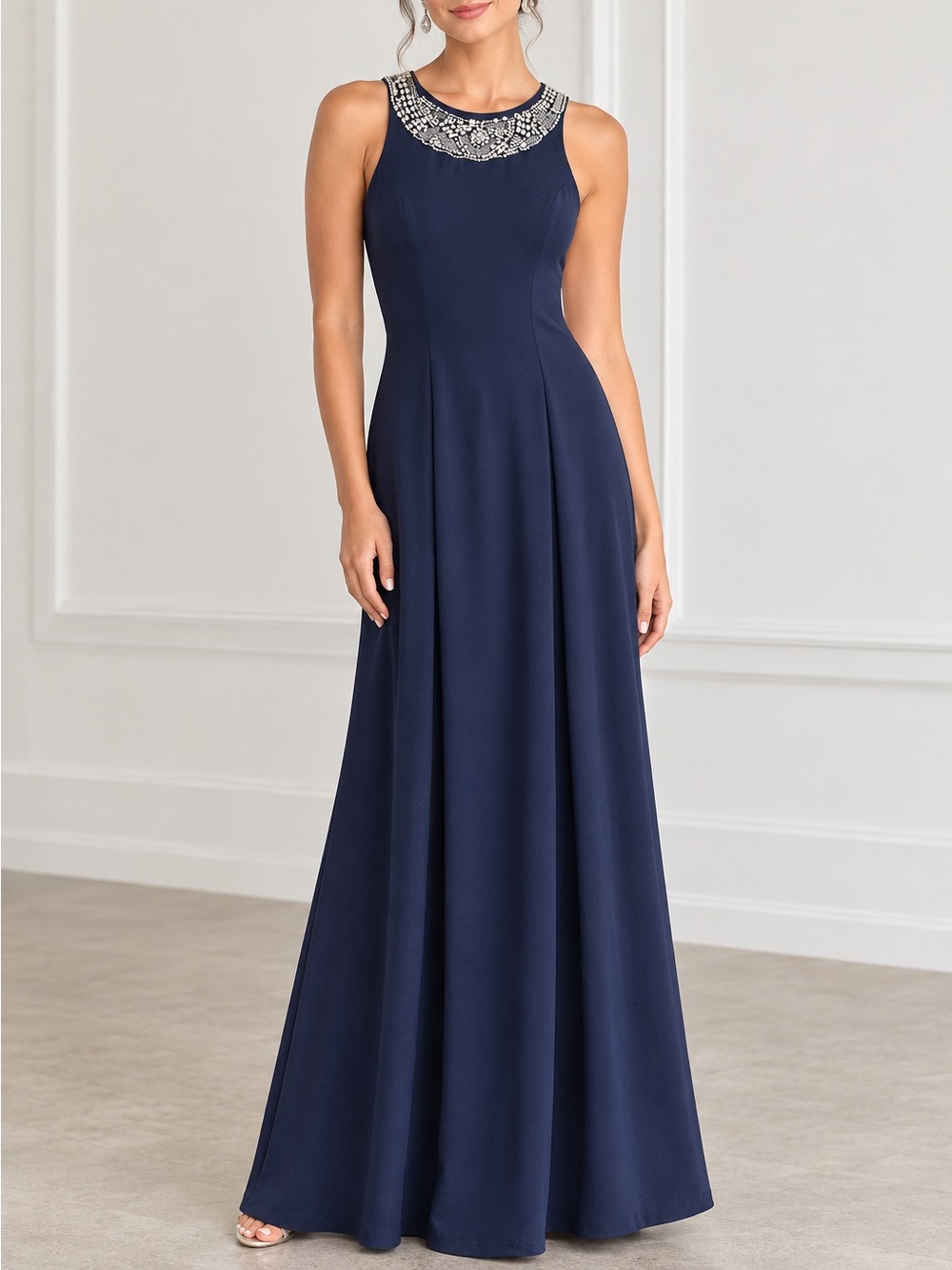 Lulus Navy Beaded Halter Prom Dress Evening Gown XS